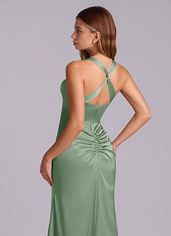 Azazie Amelie Robes de demoiselle d'honneur Robe Trapèze en Satin extensible Plissée Matcha image2