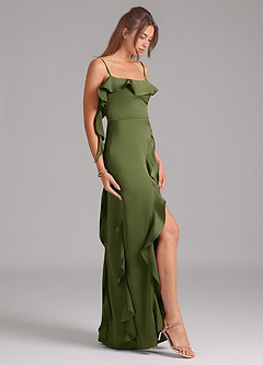 Azazie Malia Bridesmaid Dresses Olive A-Line Side Slit Stretch Satin Dress image5