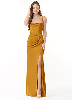 Azazie Leonis Vestidos de damas de honor Vestido de Caramelo de Satén Elástico de Corte Sirena Convertible con Plisado image1