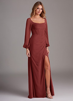 Azazie Charissa Robes de demoiselle d'honneur Robe Fourreau en Mousseline de soie Manches longues Terracotta image5