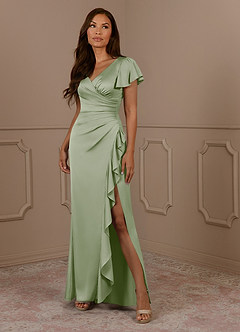 Azazie Roya Kleider für die Brautmutter Meerjungfrau-Linie Plissee mit V-Ausschnitt Stretch-Satin Kleid Staubiger Salbeigrün image1