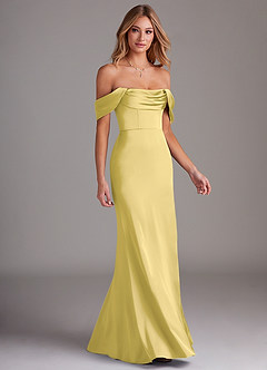 Azazie Saige Abiti da Damigella Abito Tubino in Raso Elasticizzato a Spalla Scoperta Canarino image6