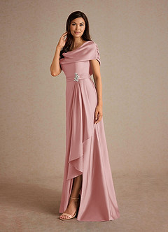 Azazie Branford Mother of the Bride Dresses Powder Pink A-Line Pleated Stretch Satin Dress image2