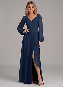 Azazie Simone Bridesmaid Dresses Dark Navy A-Line Long Sleeve Chiffon Dress image1