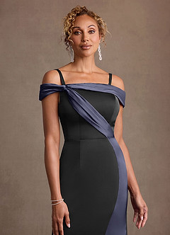 Azazie Constance Mother of the Bride Dresses Black Stormy Mermaid Off the Shoulder Stretch Satin Dress image5