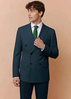 front Collins Teal Double Breasted Wool Blend Suit Jacket