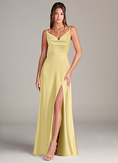 Azazie Sarella Bridesmaid Dresses Lemon Sorbet A-Line Pleated Stretch Satin Dress image1