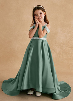 Azazie Jodi Robe Demoiselle D'honneur Fillette Robe Trapèze en Mat Satiné Eucalyptus image5