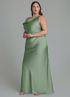 Azazie Emerson Vestidos de damas de honor Vestido Matcha de Satén Elástico de Corte Sirena con Hombros descubiertos image10