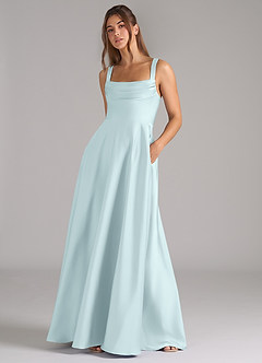 Azazie Shaude Bridesmaid Dresses Sea Glass A-Line Pleated Stretch Satin Dress image4