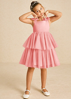 Azazie Vanellope Robe Demoiselle D'honneur Fillette Robe Trapèze en Tulle Arc Corail image3