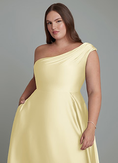 Azazie Melanie Bridesmaid Dresses Lemon Sorbet A-Line Off the Shoulder Stretch Satin Dress image12