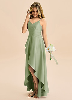 Azazie Eirlys Junior Abito A-Line in Raso Elasticizzato Plissettato Verde Salvia image3