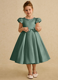 Azazie Pearl Flower Girl Dresses Eucalyptus Ball-Gown Pleated Matte Satin Dress image1