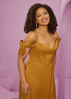 Barbie ♥ Azazie Bridesmaid Dresses Butterscotch A-Line Off the Shoulder Stretch Satin Dress image7