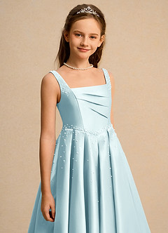 Azazie Mochi Girls Formal Flower Girl Dresses Sea Glass Ball-Gown Pleated Matte Satin Dress image7