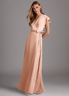 Azazie Nico Bridesmaid Dresses Rose Gold A-Line V-Neck Stretch Satin Dress image4