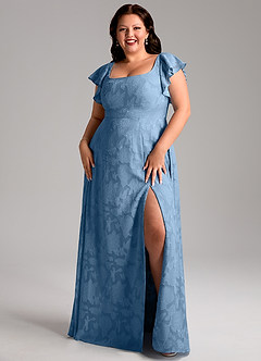 Azazie Bondi Vestidos de damas de honor Vestido de Azul Acero de Devorado Floral de Corte en A con Corte Lateral image2