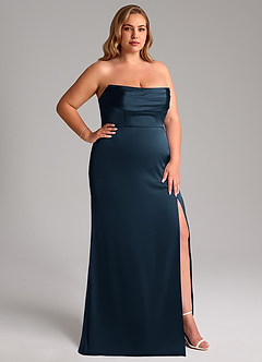 Azazie Saige Vestidos de damas de honor Vestido Azul Marino Oscuro de Satén Elástico de Corte Recto con Hombros descubiertos image17