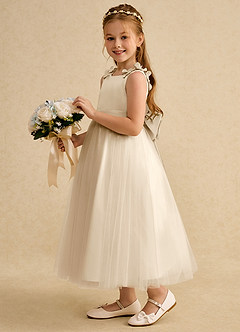 Azazie Lilli Robe Demoiselle D'honneur Fillette Robe Trapèze en Tulle Arc Champagne Champagne image3