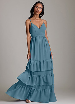 Azazie Nathalia Vestidos de damas de honor Vestido de Bermudas de Gasa de Corte en A con Volante image1