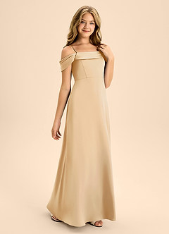 Azazie Anselie Junior Gold A-Line Off the Shoulder Stretch Satin Dress image5