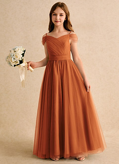 Azazie Yuna Girls Formal Flower Girl Dresses Cinnamon A-Line Off the Shoulder Tulle Dress image5