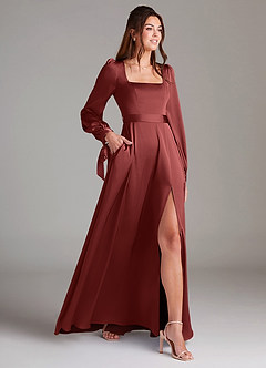 Azazie Leonia Bridesmaid Dresses Terracotta A-Line Long Sleeve Stretch Satin Dress image4