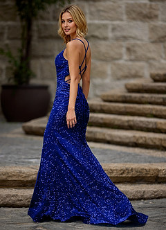 Luxey Royal Blue Velvet Sequins Prom Dress image4