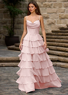 Floralace Rosa Empolvado Vestido de fiesta de corte A con volantes image3