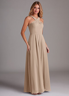 Azazie Dixie Bridesmaid Dresses Taupe A-Line Halter Pleated Chiffon Dress image4
