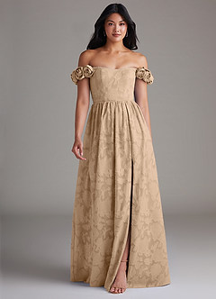 Azazie Autumn Bridesmaid Dresses Champagne A-Line Off the Shoulder Floral Burnout Convertible Dress image1