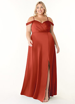Azazie Ocean Bridesmaid Dresses Rust A-Line V-Neck Pleated Stretch Satin Dress image6