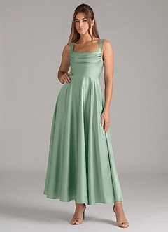 Azazie Shaude Bridesmaid Dresses Agave A-Line Pleated Stretch Satin Dress image1
