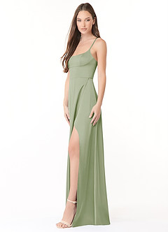 Azazie Halsey Bridesmaid Dresses Dusty Sage Sheath Side Slit Stretch Satin Dress image4
