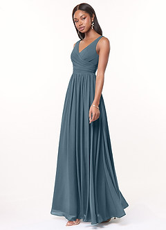 Azazie Keyla Robes de demoiselle d'honneur Robe Trapèze en Mousseline de soie Col V plissé Violet Crépusculaire image3