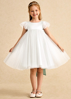Azazie Munchkin Flower Girl Dresses Ivory Dark Green A-Line Bow Tulle Dress image2
