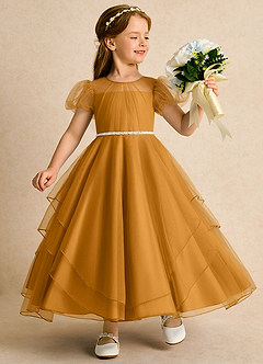 Azazie Duckie Robe Demoiselle D'honneur Fillette Robe Princesse en Tulle Plissée Caramel écossais image1