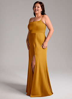 Azazie Lidia Bridesmaid Dresses Butterscotch Mermaid Side Slit Stretch Satin Dress image4