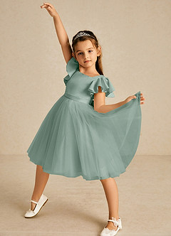 Azazie Kaeya Flower Girl Dresses Silver Sage A-Line Bow Tulle Dress image2