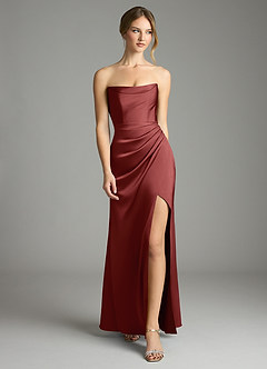 Azazie Leonis Bridesmaid Dresses Terracotta Mermaid Pleated Stretch Satin Convertible Dress image2