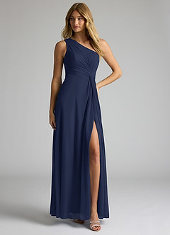Azazie Brooke Bridesmaid Dresses Dark Navy A-Line One Shoulder Mesh Dress image3