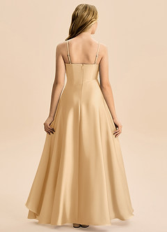 Azazie Eirlys Junior Vestido Ouro de Cetim elástico de Linha A com Plissado image2