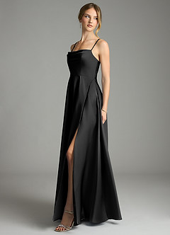 Azazie Elle Bridesmaid Dresses Black A-Line Pleated Stretch Satin Dress image3
