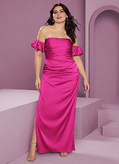 Barbie ♥ Azazie Bridesmaid Dresses Barbie Pink Sheath Off the Shoulder Stretch Satin Convertible Dress image10