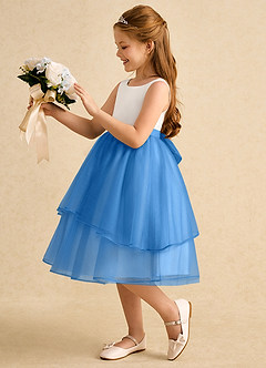 Azazie Rene Flower Girl Dresses Ivory Blue Jay A-Line Bow Tulle Dress image5