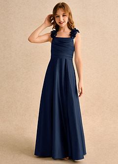 Azazie Rosita Girls Formal Flower Girl Dresses Dark Navy A-Line Pleated Matte Satin Dress image6