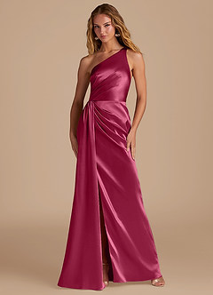 Azazie Mika Bridesmaid Dresses Burgundy Sheath One Shoulder Metallic Satin Dress image1
