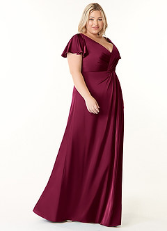 Azazie Soren Bridesmaid Dresses Burgundy A-Line Pleated Stretch Satin Dress image3