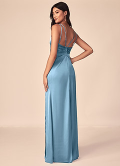 Azazie Aqua Vestidos de damas de honor Vestido de Azul Acero de Satén Elástico de Corte en A con Cuello en V plisado image3